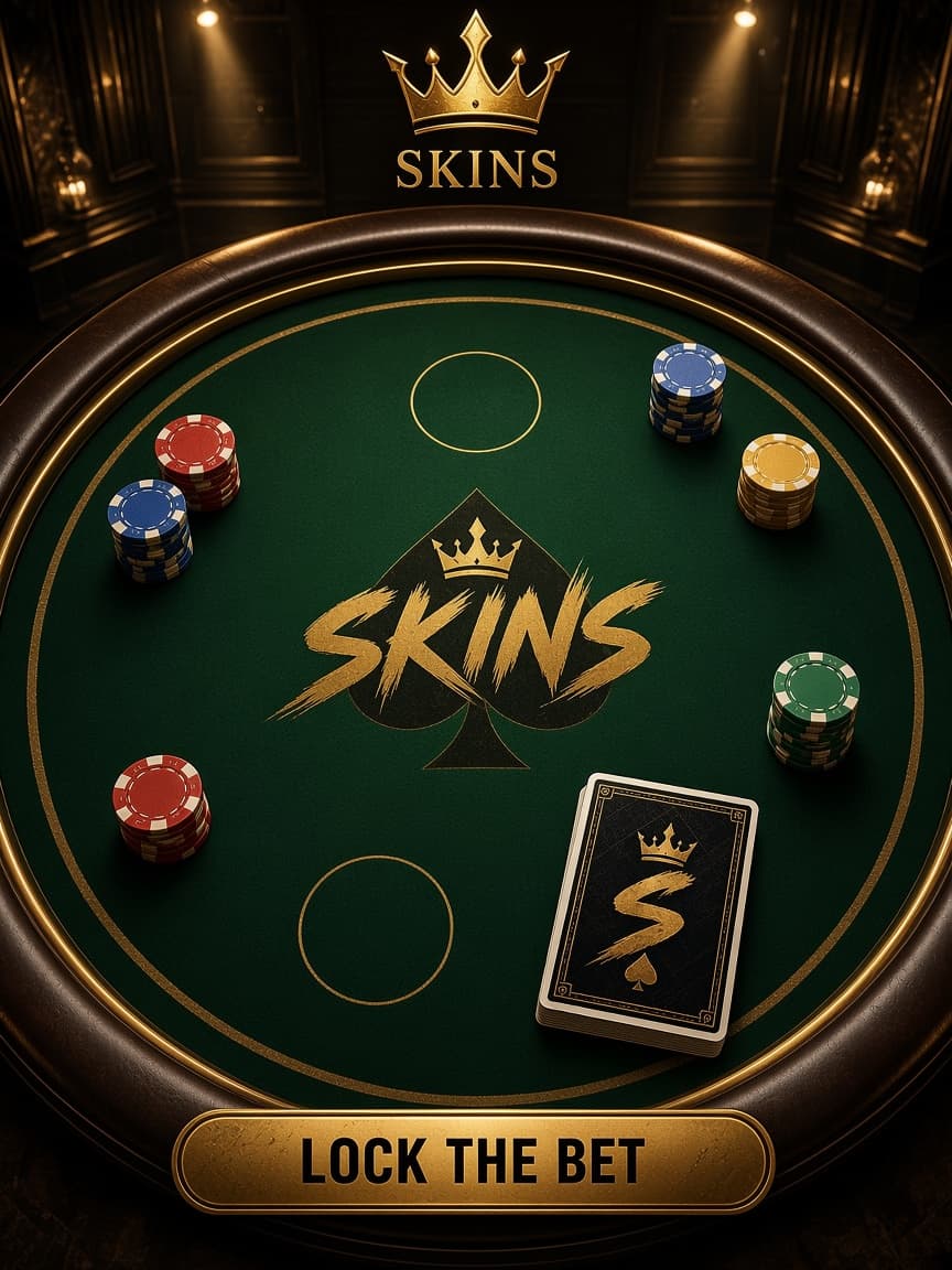 Skins: a circular green felt table with gold lettering and chips