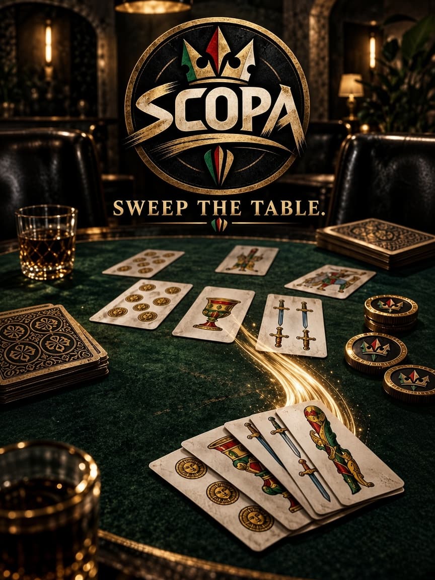 Scopa: Italian cards on a gold-rimmed felt table